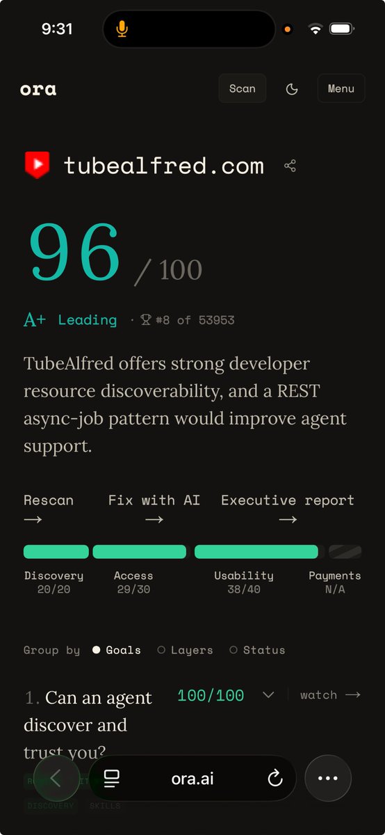 vikashkprajapat's tweet photo. We’re now #8 out of 50K companies in Agent Readiness & AX, according to @oradotai report🚀

We built @TubeAlfred for the agentsz

Disappointed seeing 96/100.

We’ll make improvements and soon be 100/100

🫡

Go try @TubeAlfred  and  give your agents the youtube toolkit (transcript, comments, metadata +35 tools)

We are giving away Free 100 credits as launch offer .