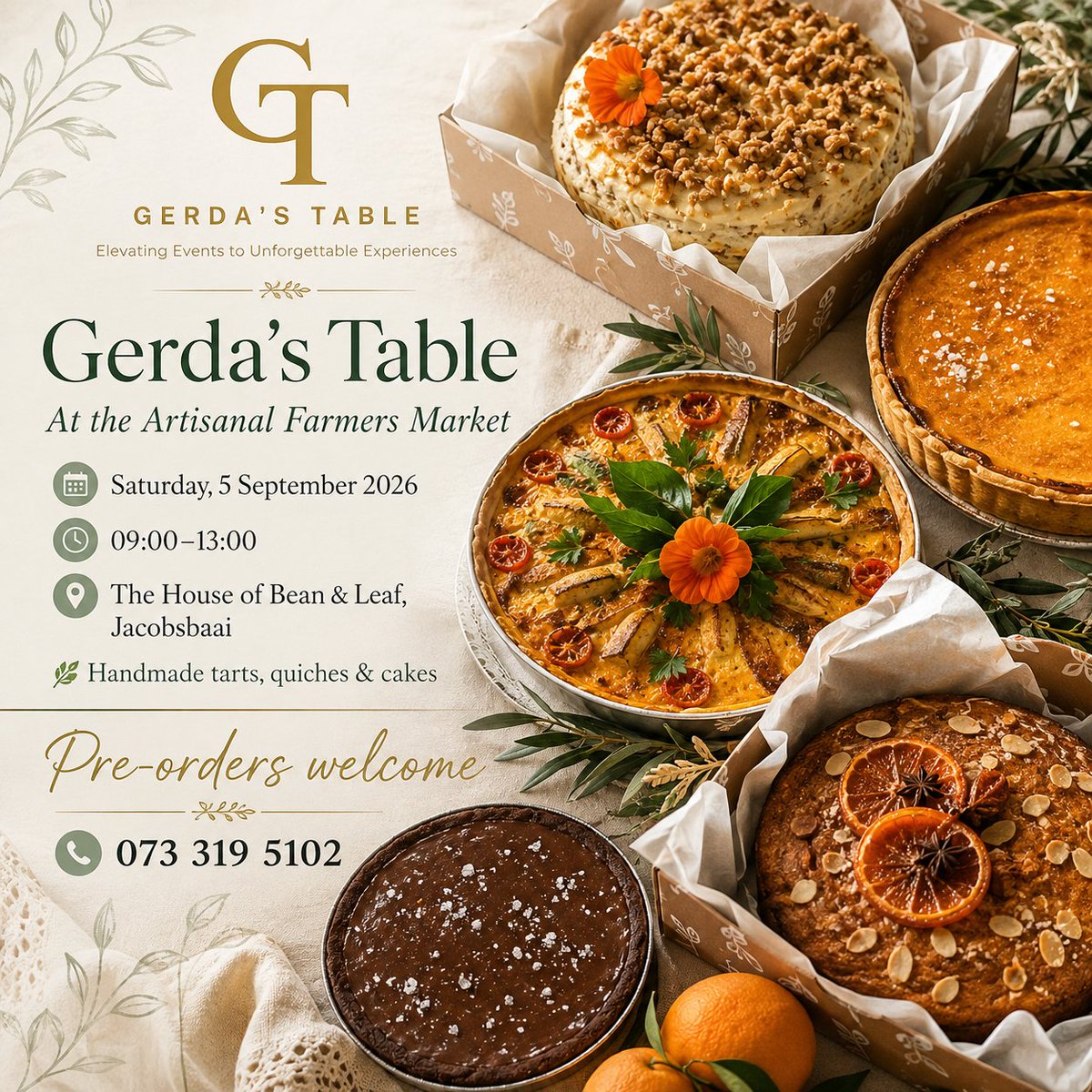 TableGerdas's tweet photo. Gerda’s Table will be at the Artisanal Farmers Market in Jacobsbaai on Saturday, 5 September, 09:00–13:00.

Handmade tarts, quiches &amp; cakes — and pre-orders are welcome.

📍 The House of Bean &amp; Leaf, Jacobs Bay
📱 073 319 5102
Come early — while stocks last. https://t.co/2Iq5drHwMu