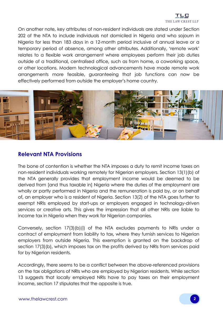TheLawCrestLLP's tweet photo. One of the ways through which the Nigeria Tax Act (NTA) 2025 works towards creating a more efficient tax system, is by clarifying the tax obligations on non-resident individuals (NRIs) employed by Nigerian residents. https://t.co/ozbPQCV7ON