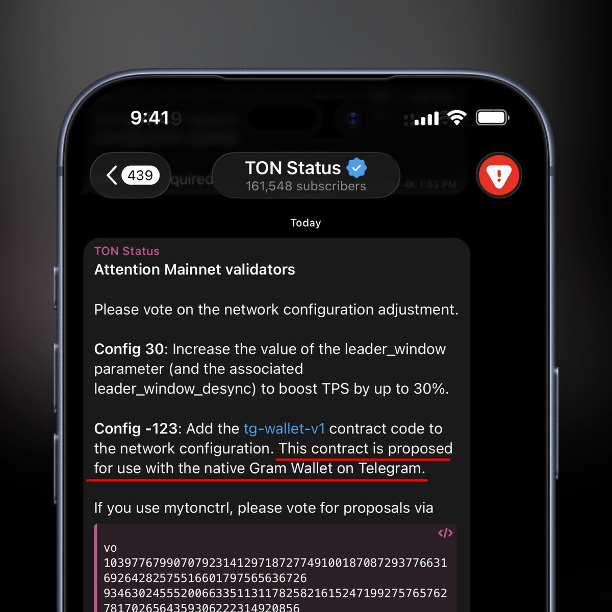 0xdamx's tweet photo. It's happening right now.

TON validators are voting to put the Gram Wallet contract code straight into the blockchain's own configuration. That's the native Telegram wallet.

Right now 291 of 385 validators have voted. That's 73.86% of the network's weight and it needs 75%, so 3 more validators to go.

This round closes in 17 hours, and it needs to pass two separate rounds before it's locked in. Final deadline is September 8.

They're voting on a second thing at the same time: bumping the leader window from 4 slots to 16, which pushes TON’s TPS up by around 30%.

You can watch it live here: https://t.co/ei5HKh5gZO

More room on the network, and the wallet going into the chain itself.