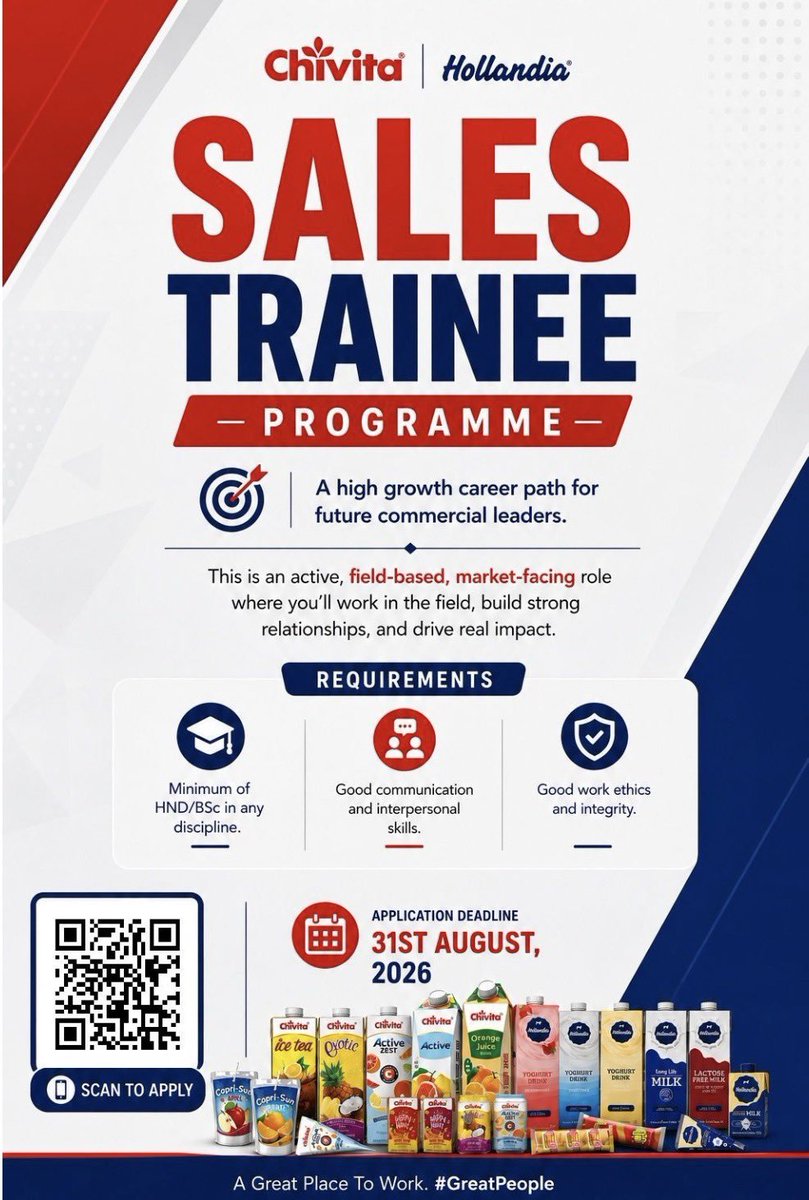 tohire_ng's tweet photo. Chivita|Hollandia Sales Trainee Programme

Apply 👇 
https://t.co/dpexzQu9dN https://t.co/2a77QXxByG