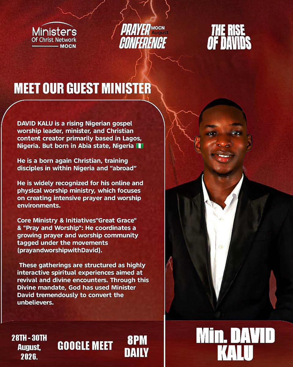 David2700362803's tweet photo. THE WAIT IS OVER!! 🔥🕊️

MOCN PRAYER CONFERENCE (AUGUST EDITION)
THEME: THE RISE OF DAVIDS 🔥🔥🔥
Heaven is releasing a sound.
The charge has been given.
A generation is about to be marked.
GOD IS RAISING DAVIDS.
This August, we are not just praying. We are aligning. https://t.co/d9Xs6fUyDf
