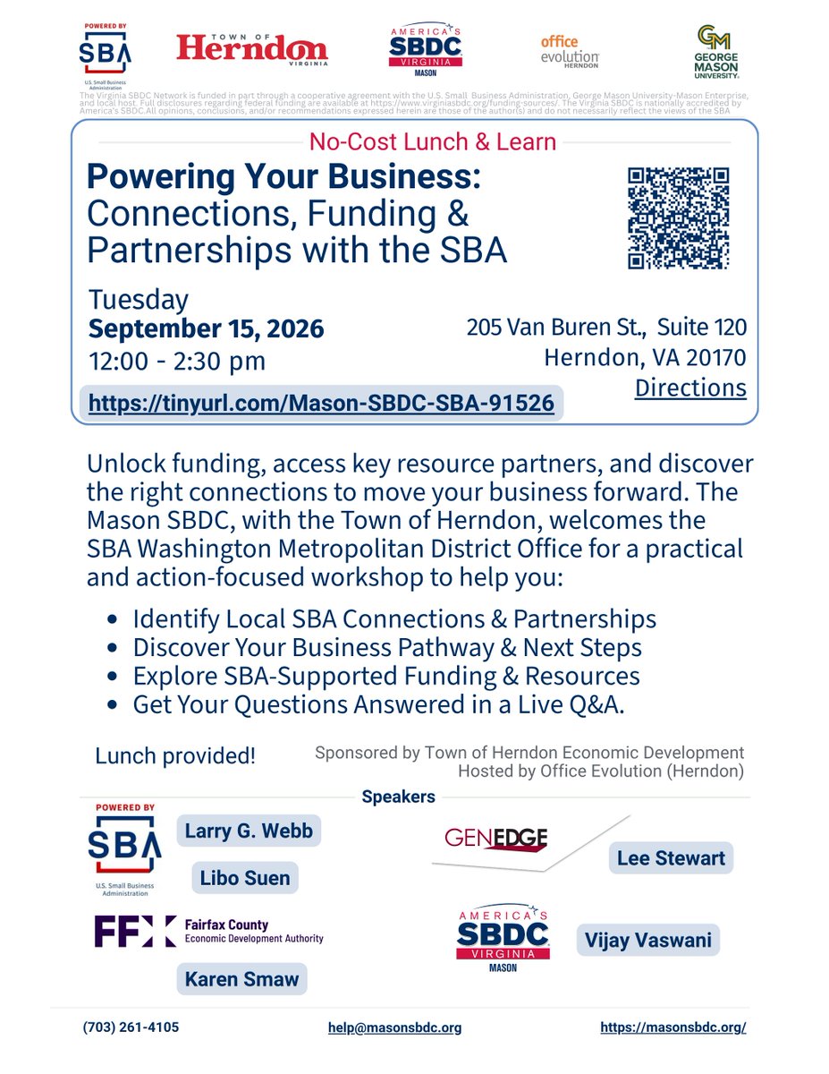masonsbdc's tweet photo. Join the Mason SBDC and Town of Herndon's next Lunch &amp; Learn workshop.

Powering Your Business: Connections, Funding &amp; Partnerships with the SBA
Sep15, 2026 (12-2:30 PM) at Office Evolution (Herndon)
Cost- FREE (Lunch provided)
- https://t.co/oKAr5yOtnv https://t.co/113o6RjXA3