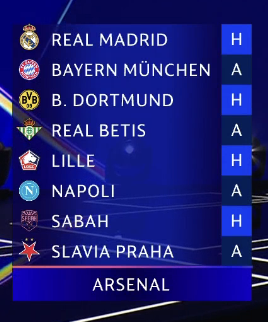 TouchlineX's tweet photo. 🚨 𝗢𝗙𝗙𝗜𝗖𝗜𝗔𝗟: Arsenal's Champions League draw! 💫 https://t.co/H6xzrUi8gU