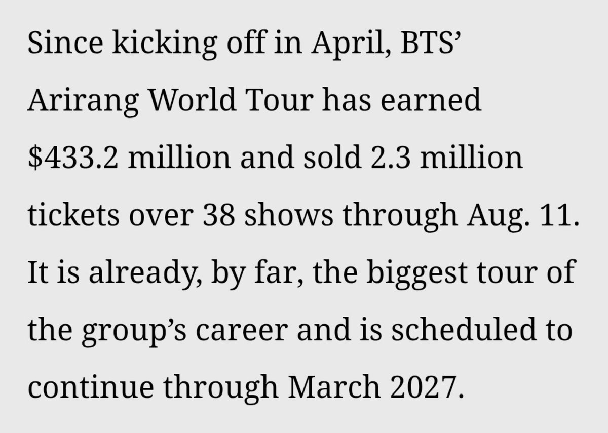 btsbase07's tweet photo. BTS broke the record of HIGHEST-GROSSING concert tour by a VOCAL GROUP in history with their ongoing ‘Arirang World Tour’ as per Billboard Boxscore report 

— Gross Revenue: $433.2M
— Tickets Sold: 2.3M
— Total Shows: 38 reported dates

🔗https://t.co/0R2hLbFgHt https://t.co/DgOMVV2YC4