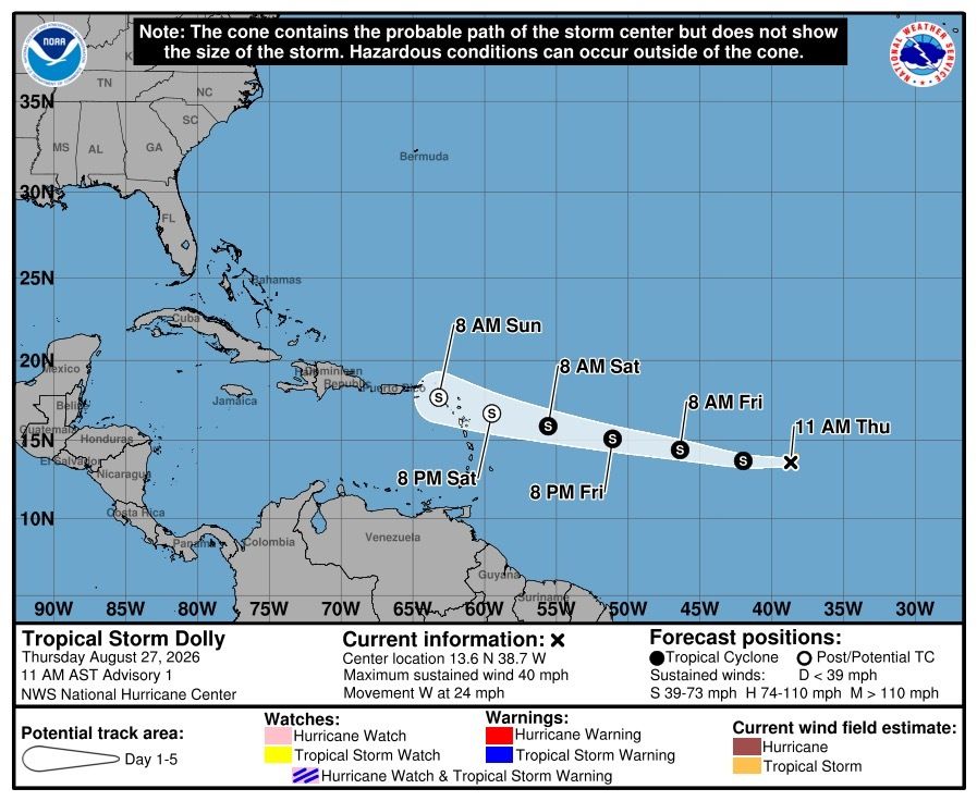 NWS's tweet photo. Although Dolly is forecast to no longer be a tropical cyclone when it passes near the Leeward Islands, heavy rainfall could begin to affect them late Sat into Sun and the Virgin Islands, Puerto Rico and Hispaniola Sun and Mon.  This heavy rain may produce flash flooding, especially in higher terrain