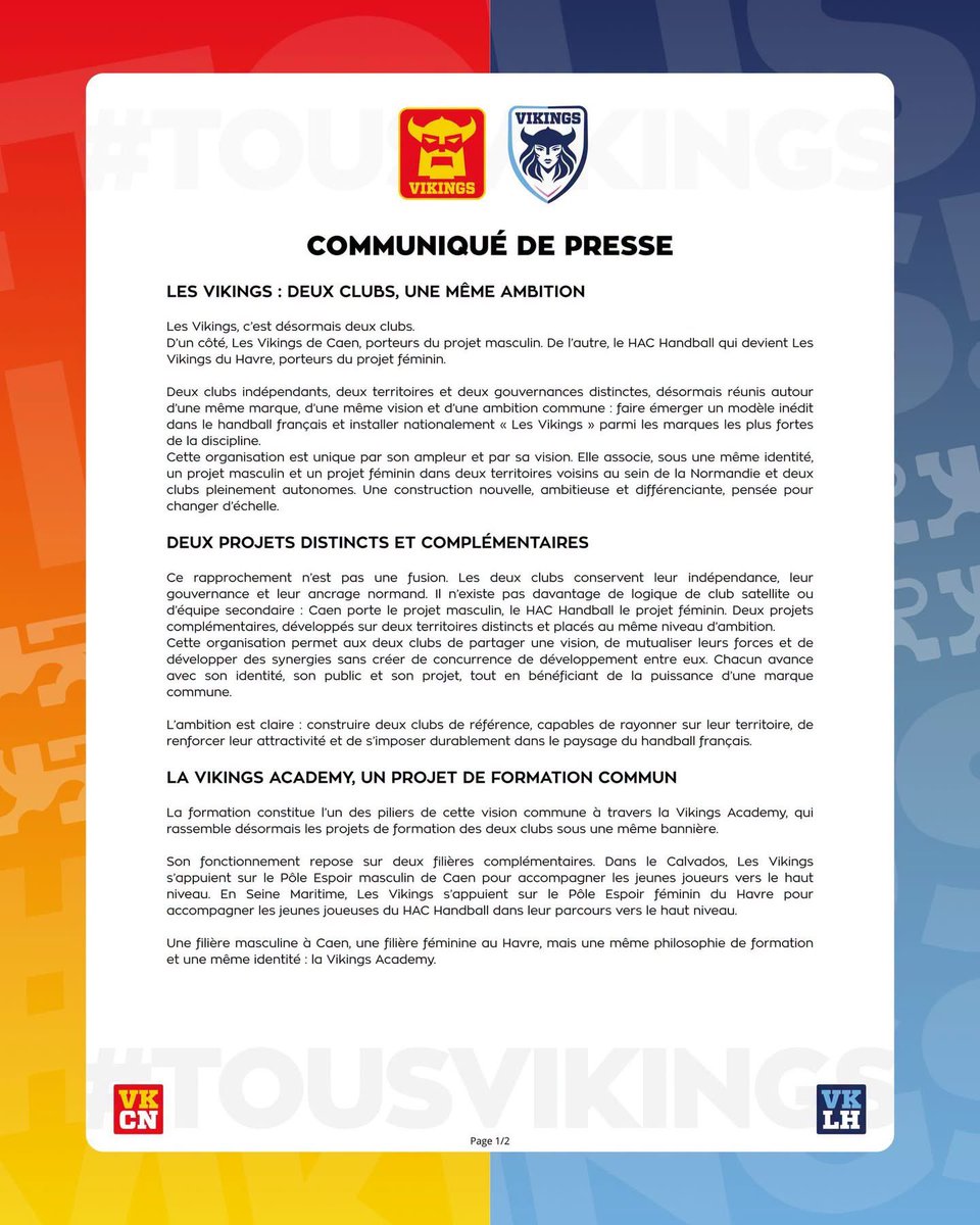 HacHandball's tweet photo. COMMUNIQUÉ
@VikingsCHB X HAC HANDBALL 

C’est avec 𝘂𝗻𝗲 𝗶𝗺𝗺𝗲𝗻𝘀𝗲 𝗳𝗶𝗲𝗿𝘁𝗲́ 𝗲𝘁 𝘂𝗻𝗲 𝗮𝗺𝗯𝗶𝘁𝗶𝗼𝗻 𝗱𝗲́𝗯𝗼𝗿𝗱𝗮𝗻𝘁𝗲 que nous vous dévoilons aujourd’hui un projet inédit dans le handball français ⚔️🔥 https://t.co/LsCqfpJNdA