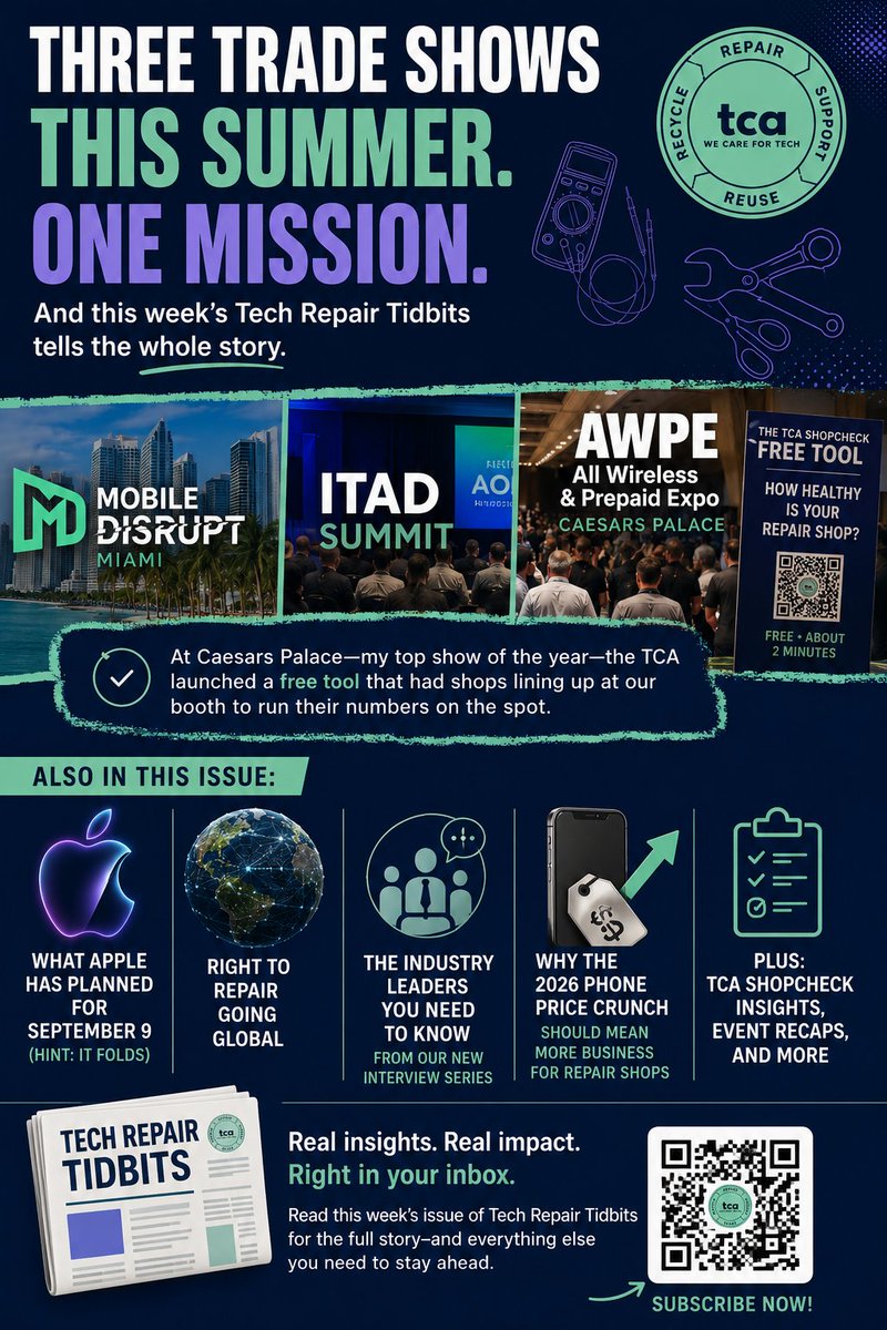 TechCareOrg1's tweet photo. This week's Tech Repair Tidbits is out: your shop's score out of 100, Apple's September 9 reveal, Right to Repair goes global, and more.
https://t.co/lDsm2QbX22
#TechRepair #RepairPeople https://t.co/Q0El5mGQl6