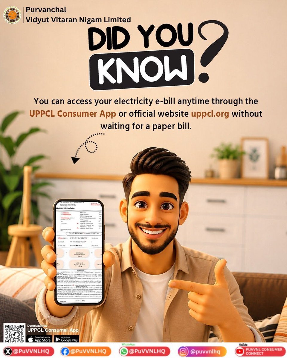 Puvvnlbast's tweet photo. No need to wait for a paper bill.

Access your electricity e-bill anytime through the #UPPCL_Consumer_App or official website and keep your bill information just a few clicks away.

#PuVVNL #UPPCL #DidYouKnow #EBill #DigitalBilling #PaperlessBilling https://t.co/mqvErOzUou