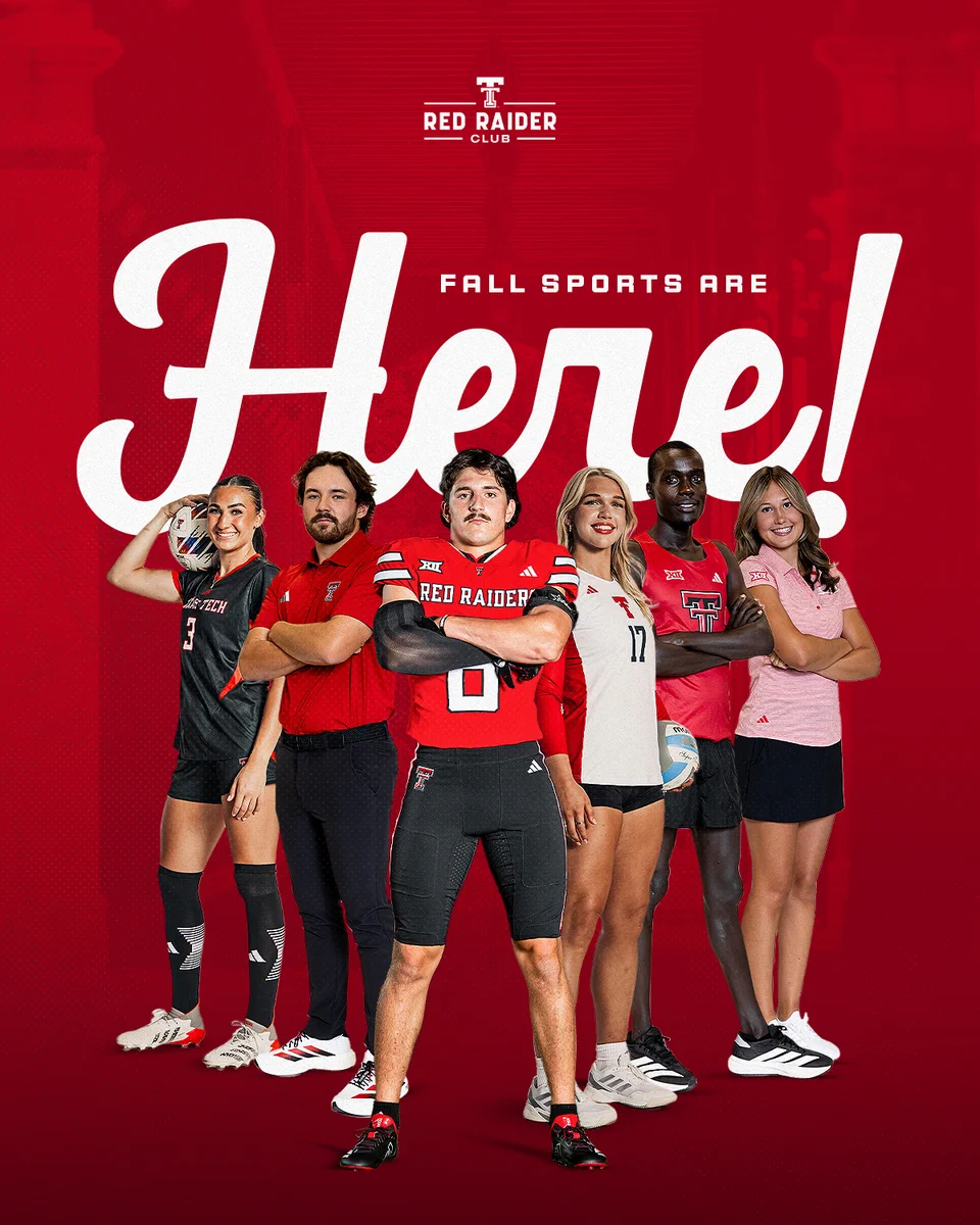 Six Texas Tech athletes and a coach standing arms crossed with text "Fall Sports Are Here!" and Red Raider Club logo