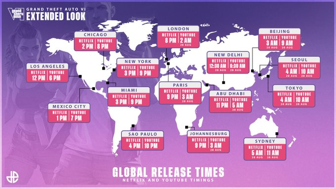gtavileaks__'s tweet photo. Horarios de lanzamiento del Extended Look de GTA VI en Netflix alrededor del mundo hoy  

Netflix lo obtiene 6 horas antes que YouTube https://t.co/fFRZesX4ba