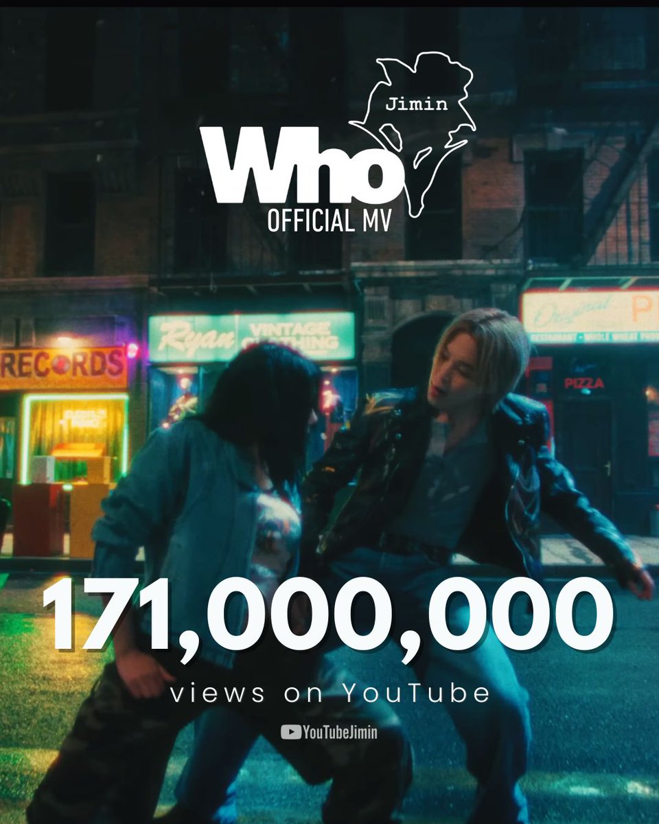 YouTubeJimin's tweet photo. "Who" Official MV by #JIMIN has surpassed 171 million views on YouTube!

Congratulations Jimin! 🥳🎉

Keep streaming! 
🔗: https://t.co/TveHXOasxe

#Jimin_Who #Jimin_MUSE #지민 https://t.co/ZrvlZpMndF