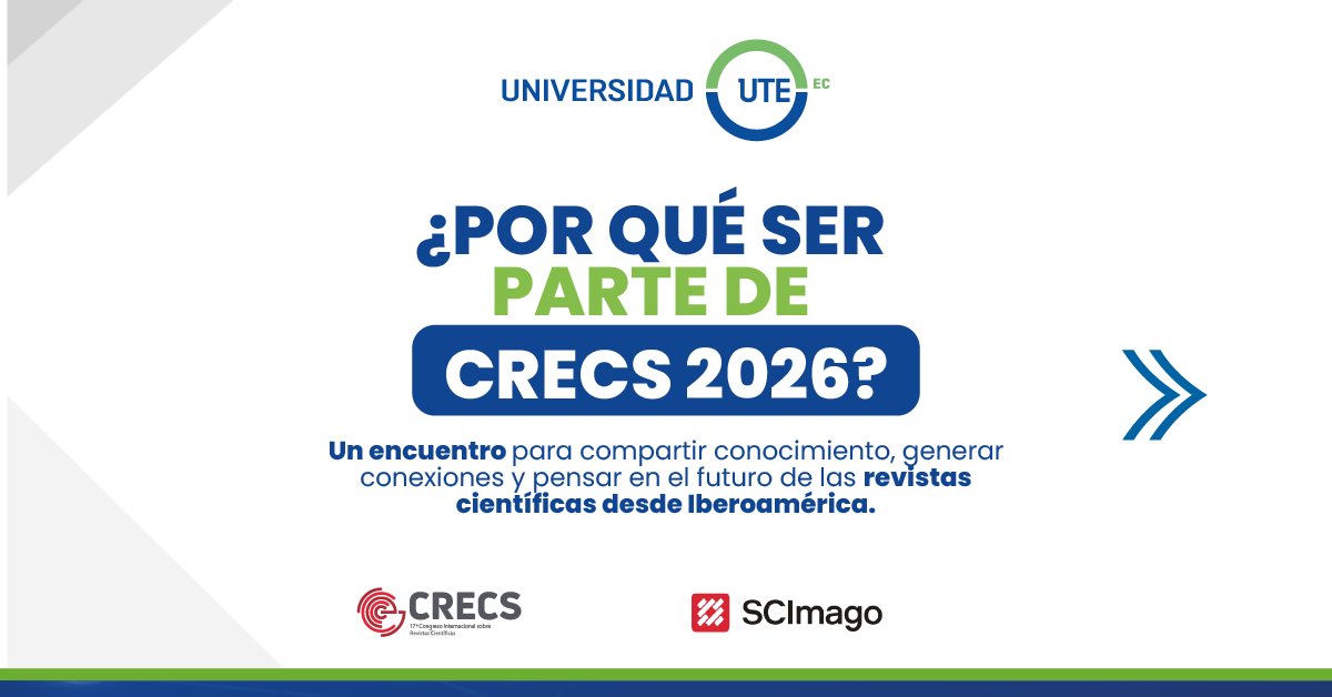 UTEoficial's tweet photo. CRECS 2026 será un espacio de encuentro para compartir experiencias, debatir los desafíos de nuestras publicaciones y pensar colectivamente el futuro de las revistas iberoamericanas.

Tres días para conectar conocimiento, experiencias y perspectivas alrededor de una ciencia cada vez más global.

🔗 Inscripciones abiertas en el siguiente link https://t.co/Ce65LI4jjP
📅 23 al 25 de septiembre de 2026
📍 Universidad UTE, Sede Matriz Quito
“Revistas iberoamericanas, ciencia global”

#CRECS2026 #RevistasIberoamericanas #CienciaGlobal #UniversidadUTE