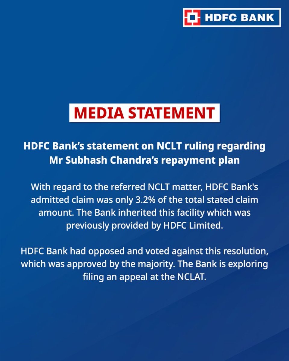 MediaHarshVT's tweet photo. #NCLT के निर्णय के विरुद्ध अपील करेगा HDFC Bank यह स्वाभाविक दिख रहा था। https://t.co/oZes1vPJSF