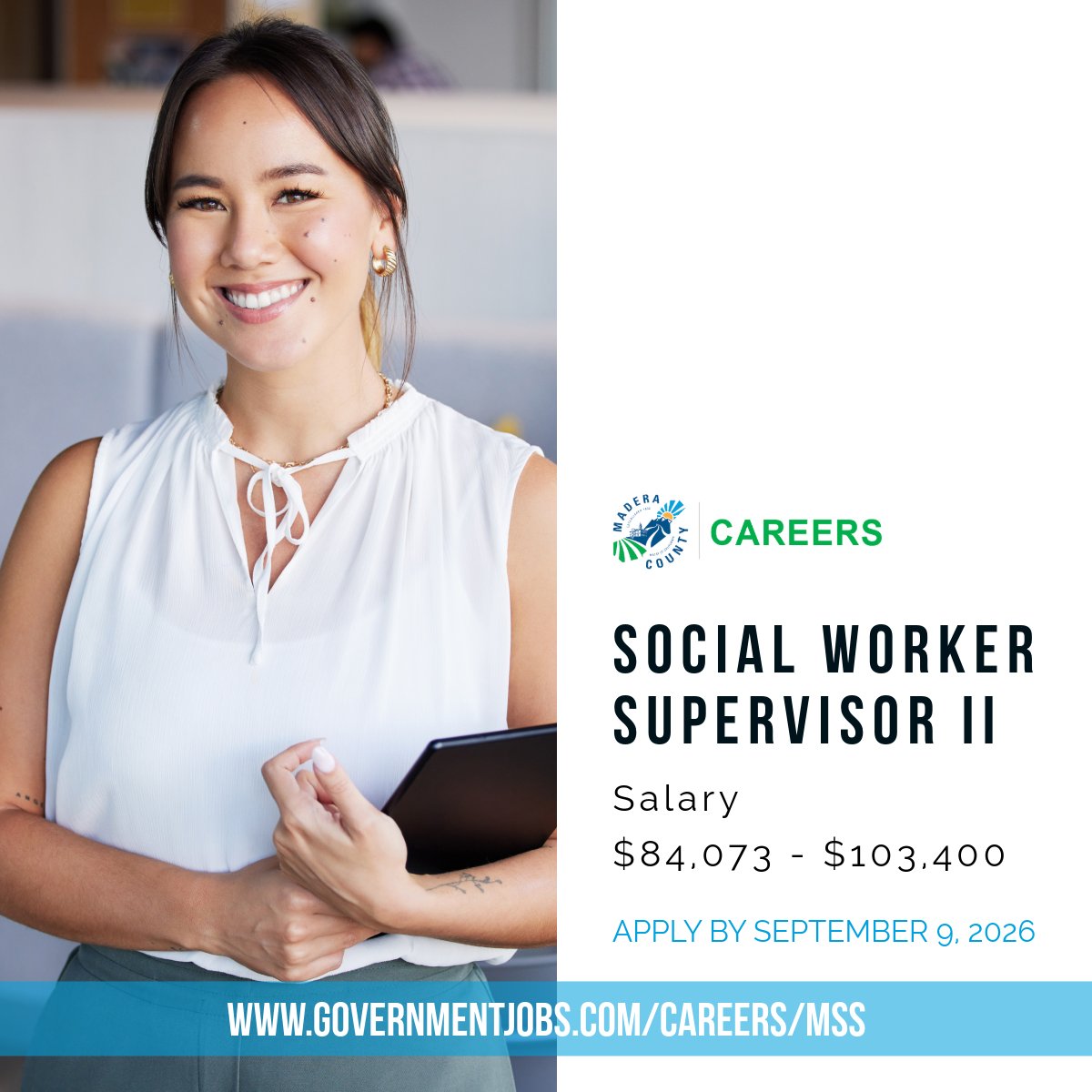 madcocareers's tweet photo. Madera County Social Services is hiring an Social Worker Supervisor II. The recruitment and examination process for this position is administered by Merit System Services (MSS). Visit https://t.co/d3narlocue for more information and apply today! https://t.co/NrFZHzibZl