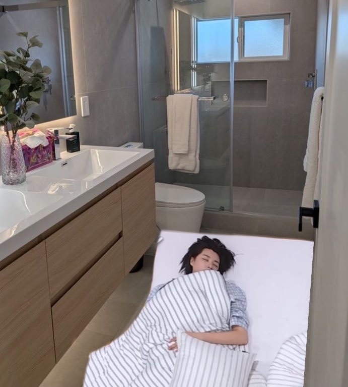918_ryul's tweet photo. Louis is sleeping in the bathroom tonight. https://t.co/gbj7S6ooTP