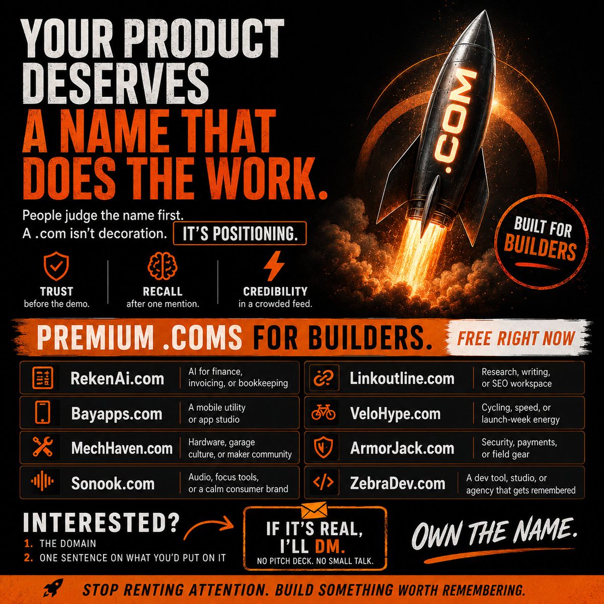 Domainision's tweet photo. One of the startup lessons I learned late:

People don't experience your product first.

They experience the name first.

For a long time, I treated domains like infrastructure. Something to figure out later.

Then I noticed that the strongest brands often did the opposite.

They invested in being memorable before they needed to be.

A recent example:

Lovable started on https://t.co/16kjx9v8nz.

Today, the company uses https://t.co/zlzih5P4HK.

Not because the product changed.

Because the brand grew into a category leader, and the .com became part of the positioning.

The product creates value.

The name helps people remember where that value came from.

That's why I keep collecting brandable .coms that I can actually imagine becoming real companies.

A few currently available:

• https://t.co/VzOvmR209r
• https://t.co/nWPqIgndqK
• https://t.co/JrWRFZO4Nd
• https://t.co/iESYoOq44I
• https://t.co/w7Y2b12Rlc
• https://t.co/VdGaWJ6DM2
• https://t.co/hVOtwoJ7Zu
• https://t.co/j4GL0dzWQZ

If one of these fits what you're building, tell me which one.

I'll do my best to make the price work for founders who are actually shipping. 👀
