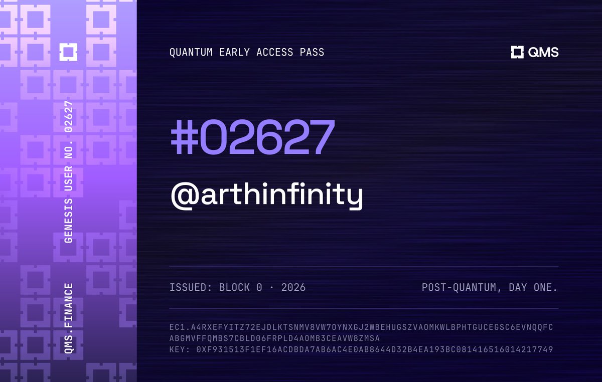 arthinfinity's tweet photo. Finally grabbed my early access pass for @QMSNetwork 

#02627 is mine. I’m curious to see how this develops around post-quantum infrastructure, especially this early in the network’s journey.

QMS Network | Pre-Testnet
🪂 Register: https://t.co/zaMOgNV4kk
➖ Connect your X account
➖ Fill out the form
If you’re checking out QMS too, worth getting on the waitlist early.