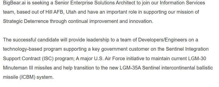 Randy_SwingEdge's tweet photo. $BBAI Northrop Grumman is the primary with major subcontractors like Bechtel, Lockheed Martin, Honeywell, General Dynamics, and Aerojet Rocketdyne for LGM-35A Sentinel intercontinental ballistic missile (ICBM) system, so yeah, they are there too. https://t.co/wDU95g1k45