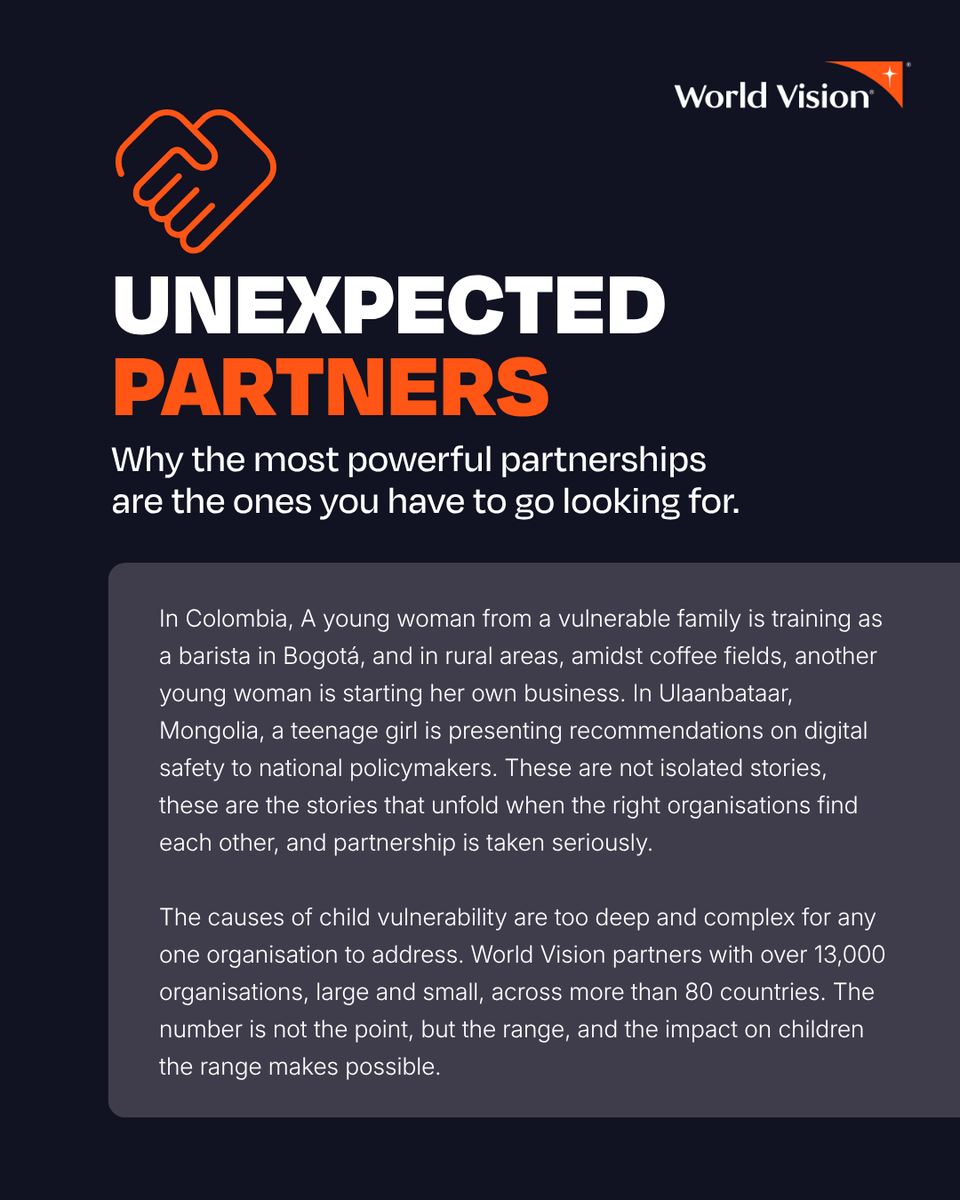 WorldVision's tweet photo. The most powerful partnerships aren't always the ones we expect.
From coffee companies and youth entrepreneurs to local NGOs and faith actors, these collaborations are helping children and communities thrive around the world.
Read more: https://t.co/g1WdqVnbNM
#Partnerships #Localization