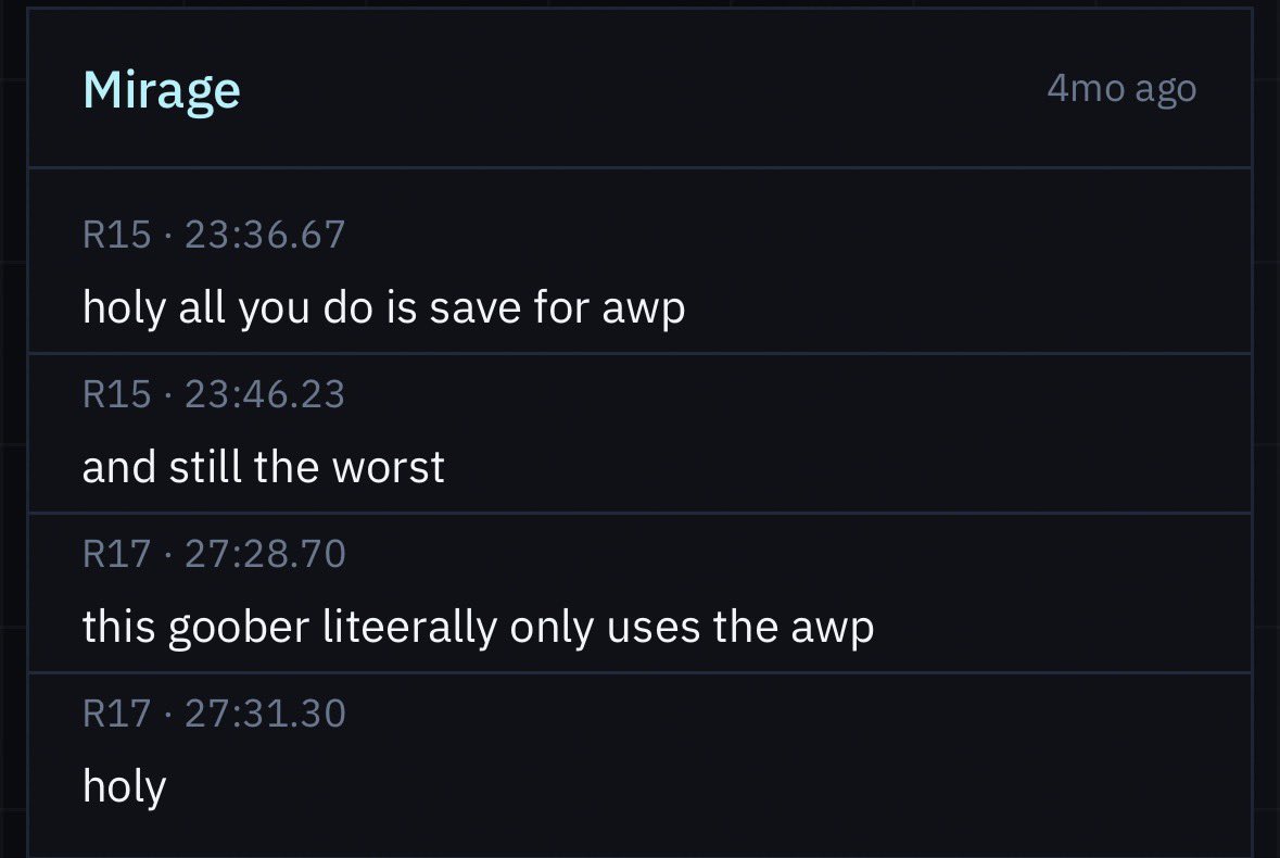 CaseOhUpdates0's tweet photo. Dawg I’m crying at CaseOh’s Counter-Strike chat logs 😭 😭 

“This goober liteerally only uses the awp” 🤣 https://t.co/fwG1gmMt0O