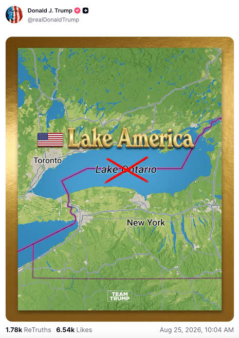 TheGrayRider's tweet photo. He did it.

Lake Ontario is officially renamed Lake America. https://t.co/EnuelVJkHG