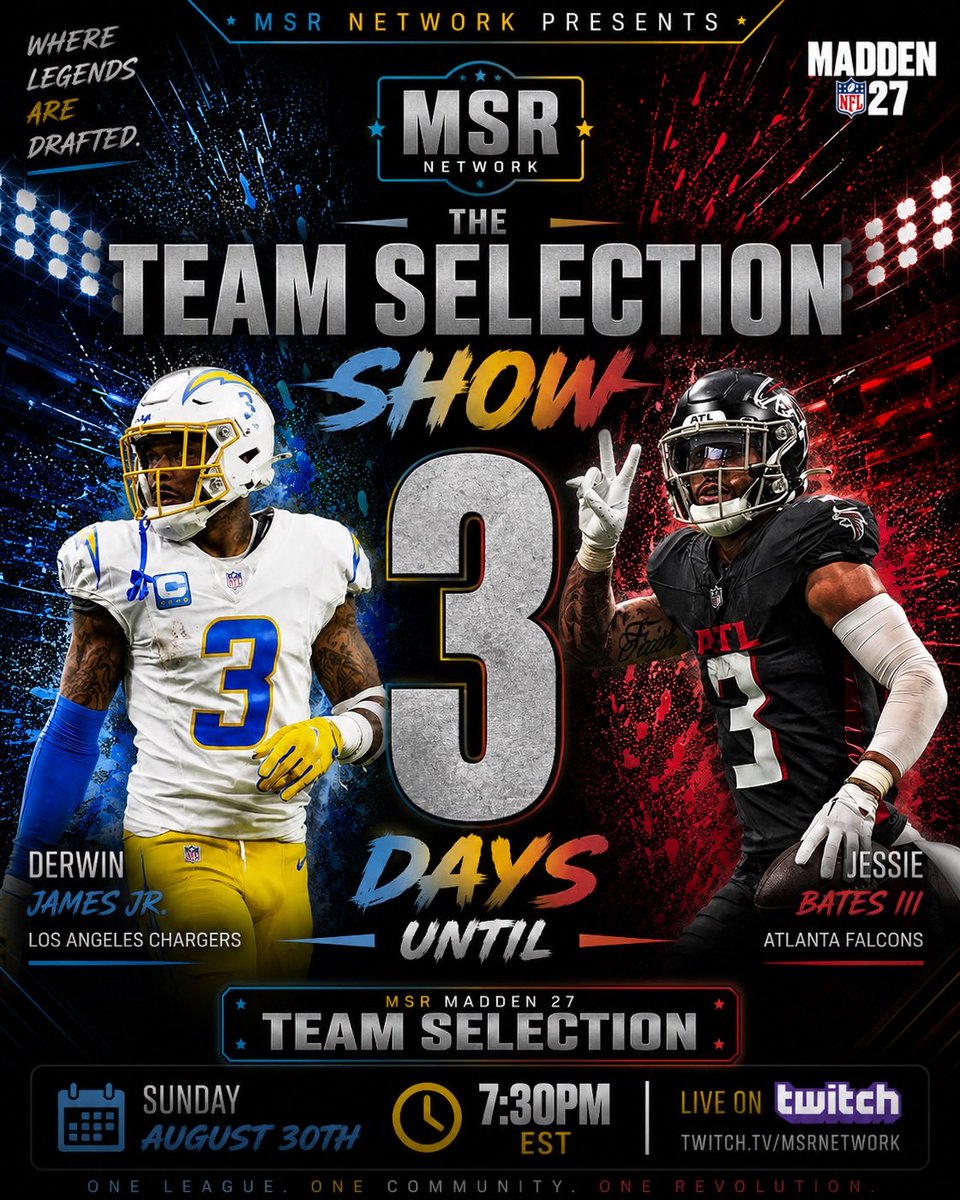 MSR_Network's tweet photo. Two of the league's best defenders aren't just great at what they do, they're playmakers too ...

In only THREE days, the #Madden27 Team Selection Show will be LIVE!!!

Powered by: @MyMaddenDev 

📅: Sunday Night at 7:30p
🎥: https://t.co/WikFcvRf1V

@EAMaddenNFL | @MSRLeague https://t.co/3ROUBhDNu0