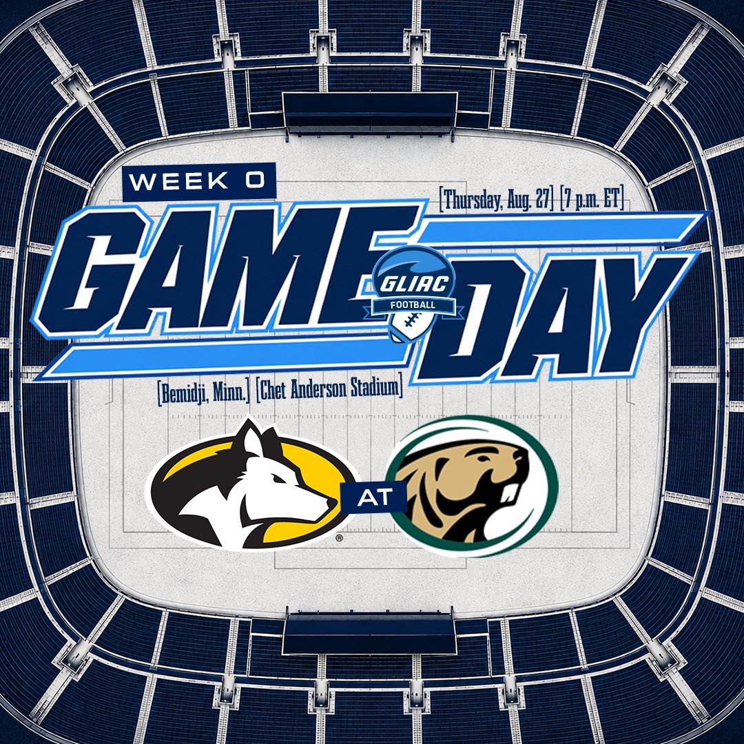 GLIACsports's tweet photo. GLIAC Football Gameday >> Week Zero

Michigan Tech travels to Bemidji State for the Huskies' 2026 season opener. The Huskies and the Beavers have began their campaigns in each of the last three seasons. 

#WhereChampionsCompete #GLIACFB🏈 https://t.co/YQBw0VIseA