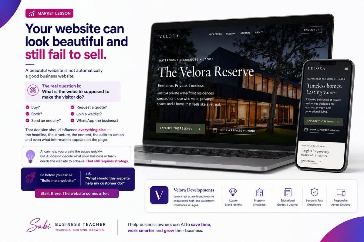 SabiWithMiracle's tweet photo. Your website can look beautiful and still fail to sell.

The problem isn’t always the design.

Sometimes the website simply has no clear job.

Before asking AI to build your website, ask:

What should my visitor do?

Buy?
Book?
Request a quote?
Send an enquiry?
Join a waitlist?
WhatsApp me?

That answer should shape the entire website.

AI can help you build faster.

Strategy tells you what to build.

Start there. The website comes after.