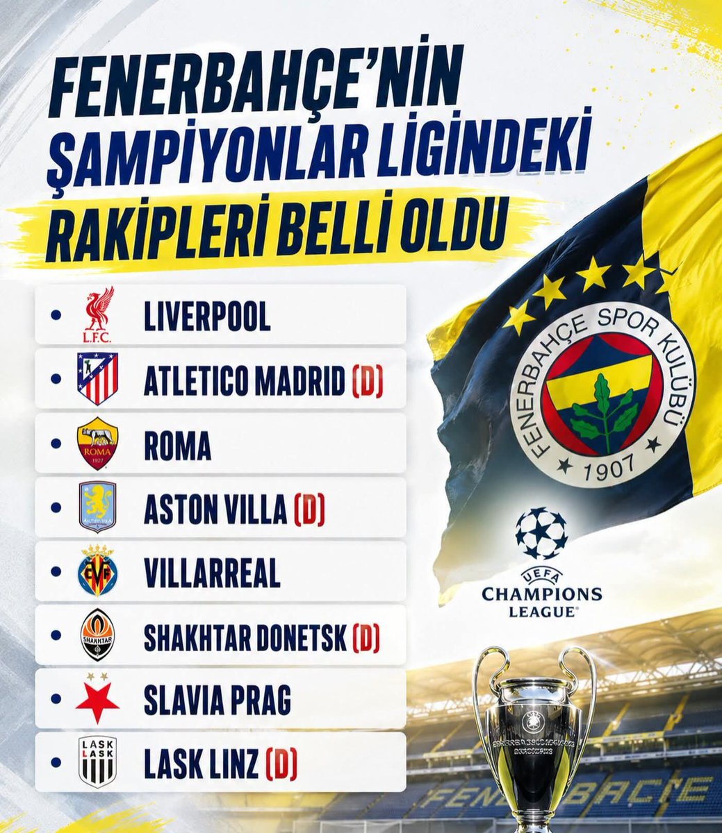 FatihOk5's tweet photo. #UCL Lig aşamasındaki rakiplerimiz belli oldu.

✈️ Atlético Madrid
🏟️ Liverpool
✈️ Aston Villa
🏟️ Roma
✈️ Shakhtar Donetsk
🏟️ Villarreal
🏟️ Slavia Prague
✈️ LASK

Başarılar FENERBAHÇEM...💛💙🇺🇦🇹🇷 https://t.co/0V03YaSlxV