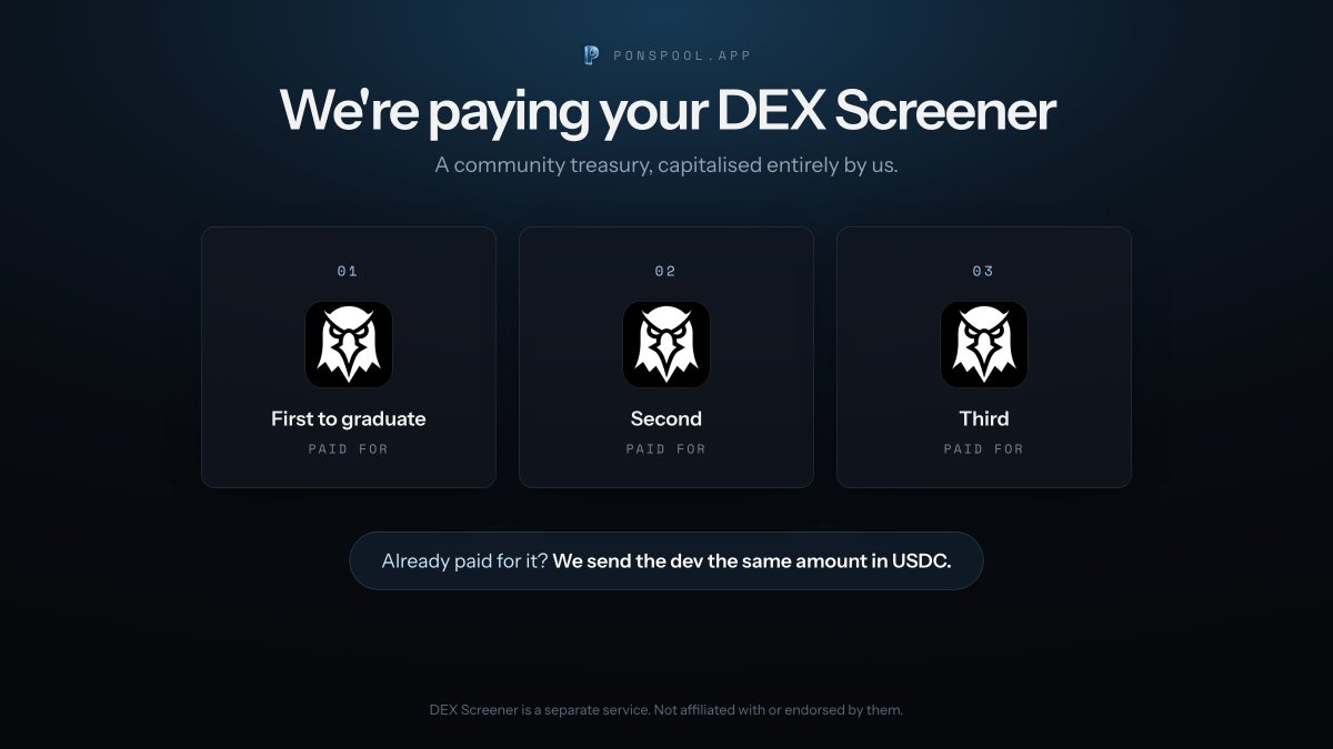 Ponspool's tweet photo. GM! We just funded a community treasury, out of our own pocket.

It covers the DEX Screener costs for the first 3 tokens that graduate on Ponspool.

Already paid for it yourself? We send the dev the same amount: 300 USDC. https://t.co/iuolwAIkVF