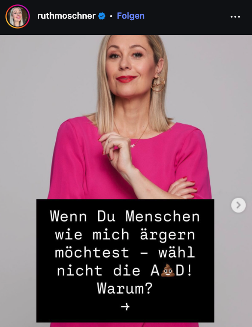 unblogd's tweet photo. Es ist so unfassbar dämlich: Ruth Moschner hält sich für so unfassbar wichtig, dass sie glaubt, man würde AfD nicht wählen, damit sie nicht profitiert.

Naja, hauptsache ein paar Fotos gepostet und wie andere Promis auf den Polit-Train aufgesprungen. https://t.co/gAA3iQ3vxB