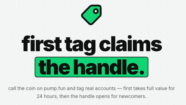 tagonpump's tweet photo. You already @ your friends in callouts for free.

Now it pays.

Tag a real Pumpfun account. 

We verify it, and you earn a share of the creator fees.

The more you tag, the more you earn. https://t.co/RM67baSuF1