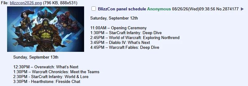 champepro's tweet photo. Filtración en 4chan, la clásica de cada Blizzcon.

Juego de StarCraft, un rpg de Warcraft....

El horario es una copia de la última Blizzcon cambiando los juegos https://t.co/WfCBwUSxzb