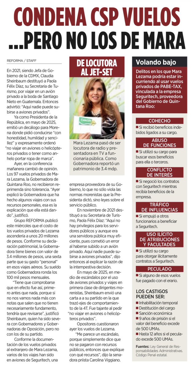 JoseMarioMX's tweet photo. El escándalo no es que Mara Lezama haya volado en aviones privados. Eso, por sí solo, no es delito. El problema empieza cuando aeronaves vinculadas con un proveedor de su propio gobierno aparecen en esos viajes. Entonces la pregunta deja de ser política y se vuelve penal: ¿quién pagó realmente cada vuelo, cuánto costó y qué recibió a cambio quien absorbió ese beneficio?

Si fueron pagados con dinero personal, hay una forma muy sencilla de terminar la discusión: contratos, facturas, CFDI, transferencias y estados de cuenta. Pero si un contratista del gobierno regaló, subsidió o absorbió parte de esos vuelos, podríamos estar frente a algo mucho más serio que una violación a la austeridad: cohecho, conflicto de interés y, si hubo decisiones públicas para favorecerlo, tráfico de influencias o uso ilícito de atribuciones.

Por eso decir “no se usaron recursos públicos” no resuelve nada. El cohecho casi nunca se paga con dinero del gobierno: lo paga el particular que busca algo del poder. La pregunta verdaderamente incómoda es otra: ¿fueron viajes privados legítimamente pagados por una gobernadora o una transferencia de valor de un proveedor hacia quien encabezaba el gobierno que le daba contratos? Ahí está el caso.