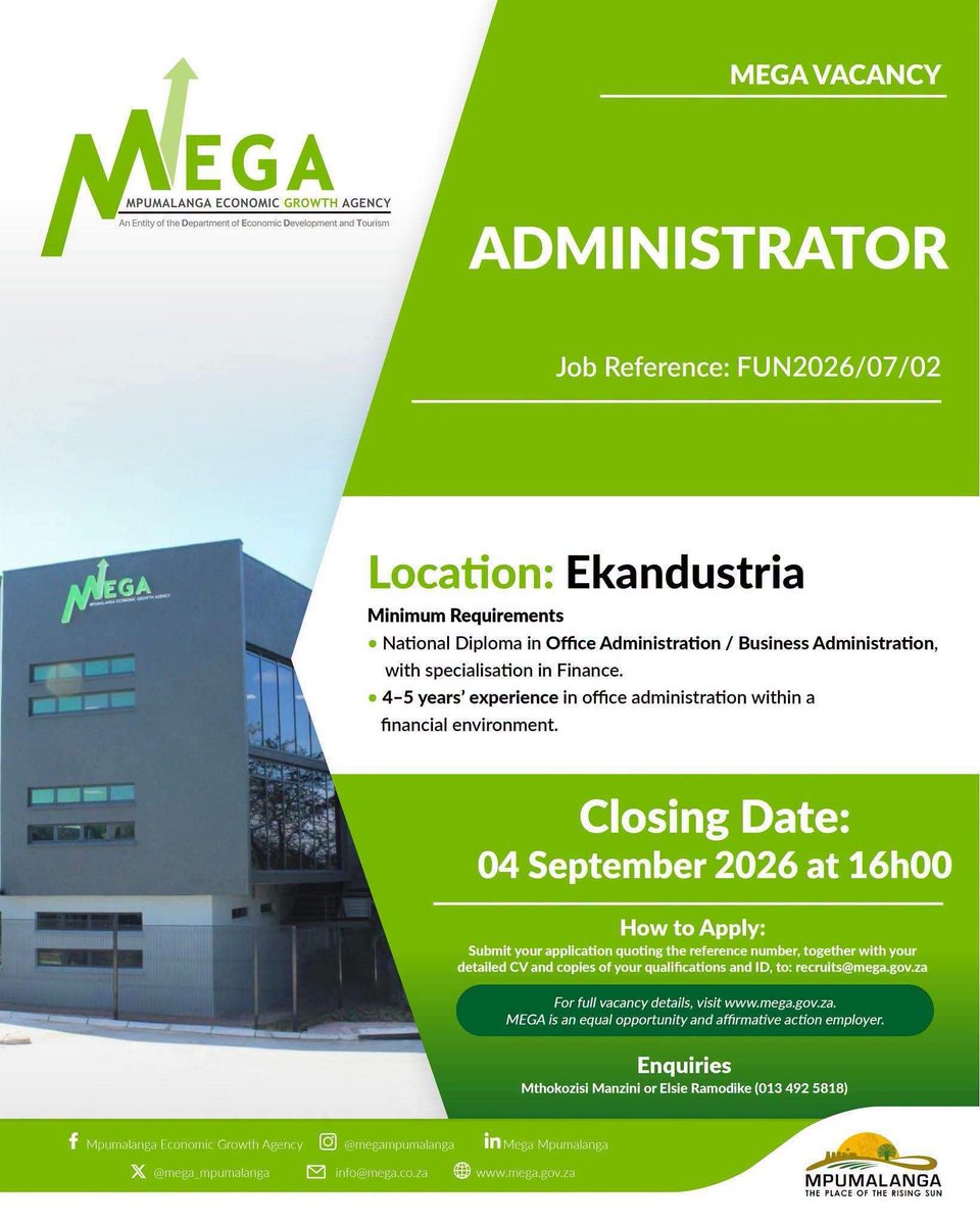 CarolBoitumelo1's tweet photo. MEGA IS HIRING!

📌 Funding Analyst – Secunda
📌 Procurement Support Officer – Mbombela
📌 Cash Management Officer – Ekandustria
📌 Administrator – Ekandustria

The closing date 4 September 2026
Email detailed CV, copies of qualifications and identity document to recruits@mega.gov.za, and quote the relevant reference number.