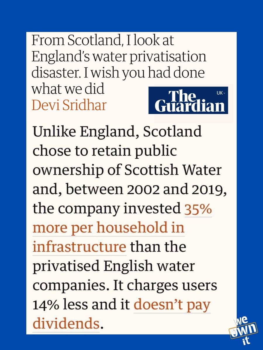 We_OwnIt's tweet photo. 90% of countries in the world run their water in public ownership

Even here in the UK, Scotland's water is in public ownership - and they pay less for their water, invest more in their infrastructure, and pay £0 in dividends

We are not asking for too much. We want what Scotland has.