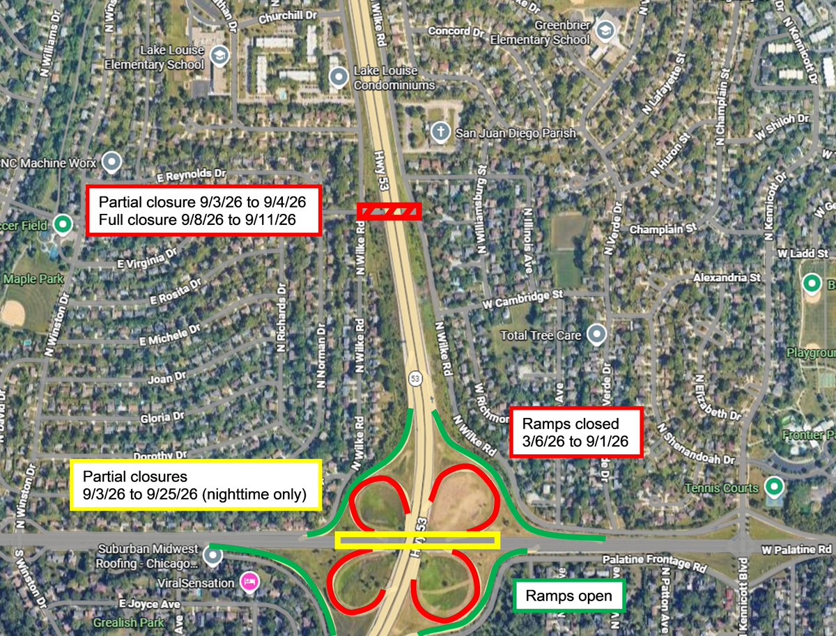 PalatineIL's tweet photo. ALERT: IDOT continues work on IL53
9/3-9/25: Palatine Rd partially closed approx 7PM-7AM for parapet, bridge deck &amp; girder removal
9/3-9/4: Anderson partially closed for demo prep
9/8-9/11: Anderson fully closed for bridge demo. Detour to Wilke/W Frontage, Rand &amp; Wilke/E Frontage https://t.co/zLGrb31Lvs