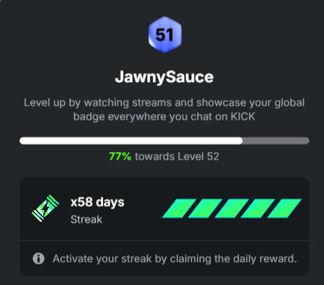 JawnySauce's tweet photo. what is everyones LvL and streak? @kickcommunity @kick https://t.co/htCNon9fuk
