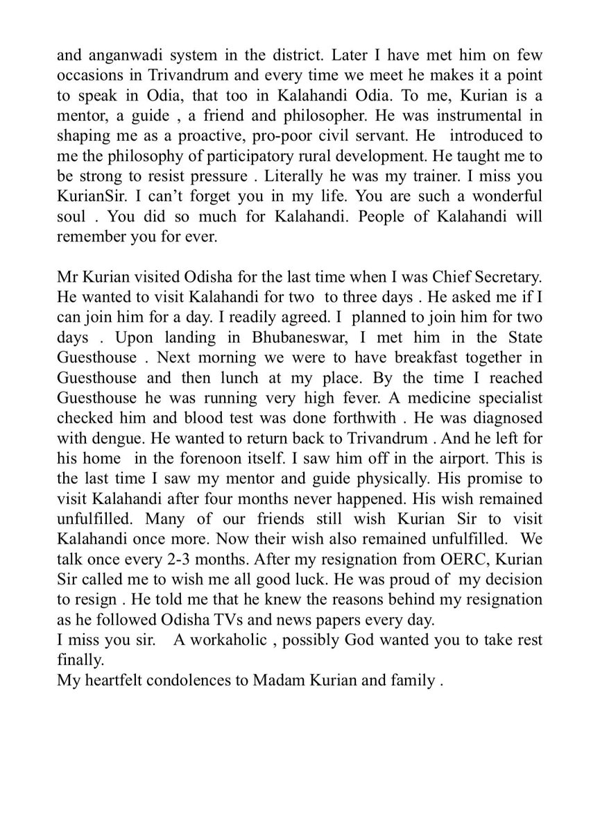 PradeepJenaIAS's tweet photo. Yesterday, I lost a dear senior , a friend , philosopher and guide  in Mr P H Kurian, an 1986 batch IAS officer of Kerala who worked in Kalahandi district for 4 years . A great pro-poor administrator, I miss you Sir. Rest in Peace. My deepest condolences to the family. https://t.co/UCnfHhwFhL