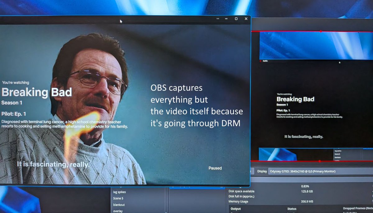 Lucas7yoshi_RS's tweet photo. how many streamers are gonna be surprised at the last possible minute that, no, you cannot just simply point OBS at netflix and capture it because of DRM lol https://t.co/WxNpyGgohQ