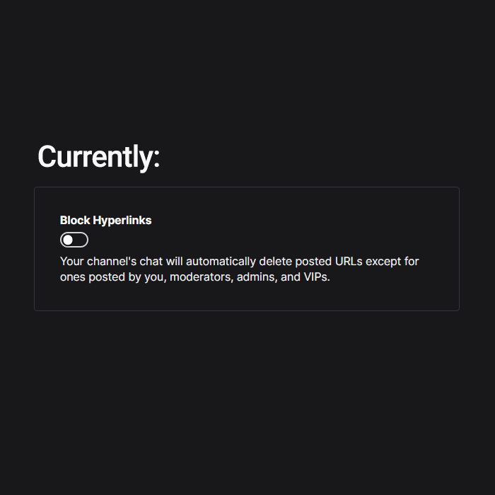 zachbussey's tweet photo. Twitch Mod settings will soon include a new "Hold Links for Review" option, allowing moderators to verify a link before it gets posted to chat.

Currently, links are either allowed or blocked. Some users have third-party modbots that purge links from unapproved chat posters. https://t.co/1EVNXuc7kG