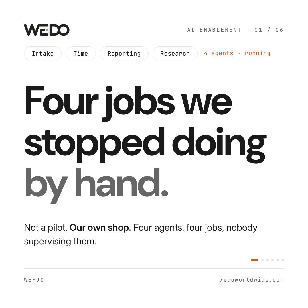 mckearin's tweet photo. 4 agents. 4 jobs. Nobody supervising them.

The rule: if it doesn't produce signal, it doesn't ship.

Pick one job you do by hand every week. That's your first handoff.

#AIEnablement #AIAgents #SmallBusiness #Automation #ClickUp https://t.co/WbGHo6V7IB