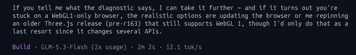 BrahimElghazi03's tweet photo. GLM-5.3 Flash is sooo slow man. good model but too slow https://t.co/crM0D6FssZ