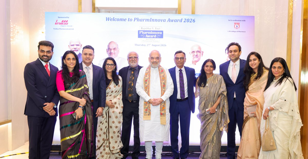 AmitShah's tweet photo. Honored the research scholars and research guides at the PharmInnova Awards Ceremony-2026, organised by Troikaa Pharmaceuticals, in Ahmedabad, Gujarat today.

Under the leadership of Modi Ji, India is strengthening its pharmaceutical sector at its core. Braced with a world class research and innovation ecosystem and investment-conducive policies, our nation is today set to achieve new heights as a global hub for medical treatment.