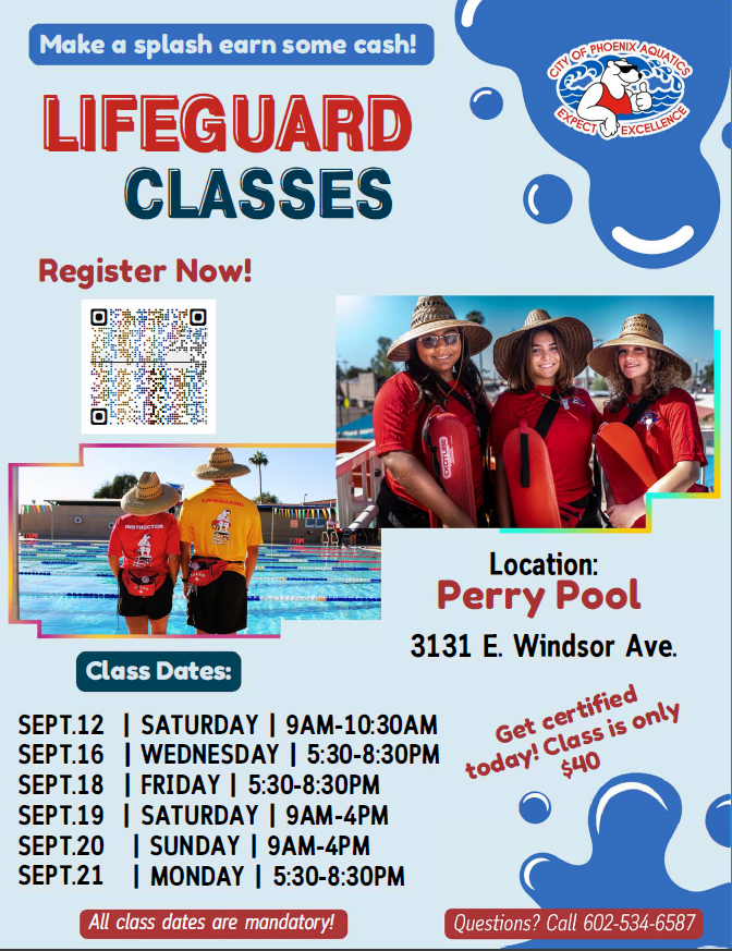 PhoenixParks's tweet photo. Perry Pool is offering Lifeguard Certification Classes this September!✨ Learn essential water safety, rescue techniques, CPR, and basic first aid from experienced instructors. Register today at https://t.co/tdwPCxt2SQ 🌊🛟 https://t.co/kORUOg1Dce