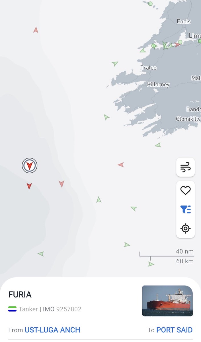 realLangerDan's tweet photo. 🚨Russian Shadow Tanker Alert🚨

Sanctioned Oil Tanker “FURIA” flying a false Sierra Leone flag is currently sailing South off the Southwest coast of Ireland. 

Originating in Ust Luga, she is sailing towards the Suez Canal, likely carrying oil to India to fund Russia’s war

She is a direct threat to the Irish marine environment. 

https://t.co/LEBb64bvIv
