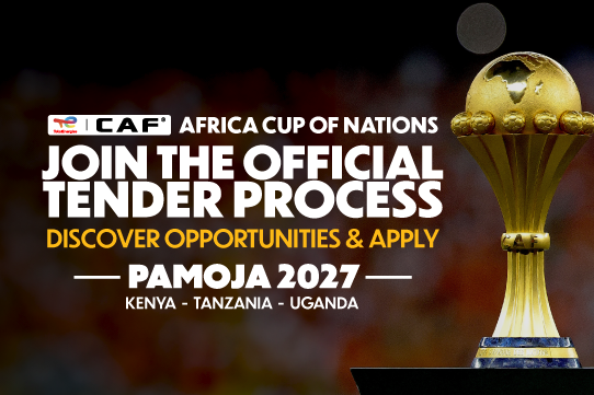 CAF_Media's tweet photo. 🏆 𝗔𝗙𝗖𝗢𝗡 𝟮𝟬𝟮𝟳 – 𝗢𝗣𝗣𝗢𝗥𝗧𝗨𝗡𝗜𝗧𝗜𝗘𝗦 𝗔𝗥𝗘 𝗢𝗣𝗘𝗡!
CAF invites qualified companies and service providers to join the official tender process for the Africa Cup of Nations 2027 in Kenya, Tanzania & Uganda.

🔎 Discover the available opportunities and apply now.

👉 𝗩𝗶𝗲𝘄 𝗮𝗹𝗹 𝗔𝗙𝗖𝗢𝗡 𝟮𝟬𝟮𝟳 𝘁𝗲𝗻𝗱𝗲𝗿𝘀 & 𝗼𝗽𝗽𝗼𝗿𝘁𝘂𝗻𝗶𝘁𝗶𝗲𝘀: https://t.co/IZsJ9SgKhl