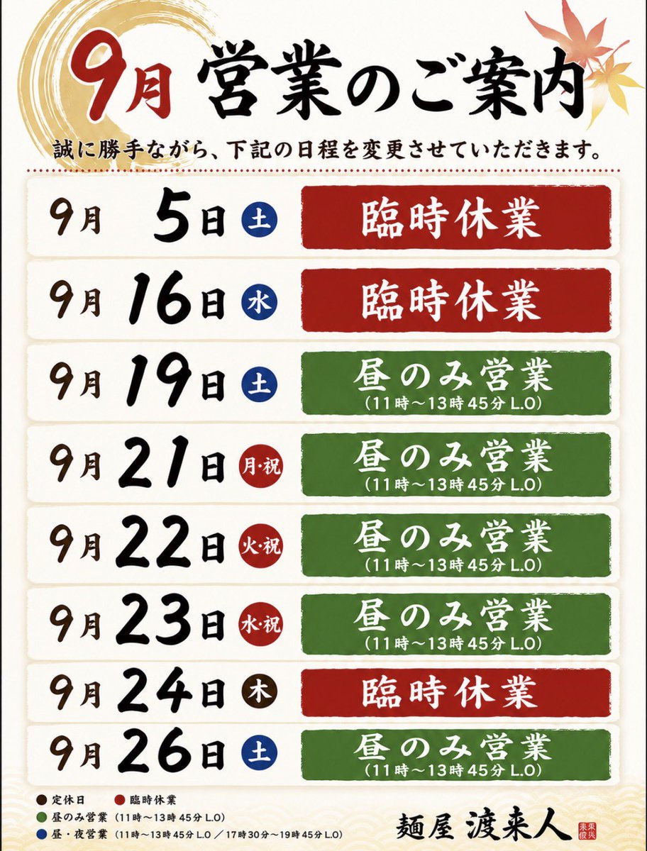 menyatryjin's tweet photo. 9月は、営業日が不規則です。
基本は、月曜日、火曜日が定休日なのですが、シルバーウィークの祝日は頑張って営業します。
26日土曜日は、花火大会なので昼のみ営業にしました。夜は全く商売にならないので切り替えて花火を楽しむことにします。
その他臨時休業はまぁ色々っす。 https://t.co/G98sNRIEZP