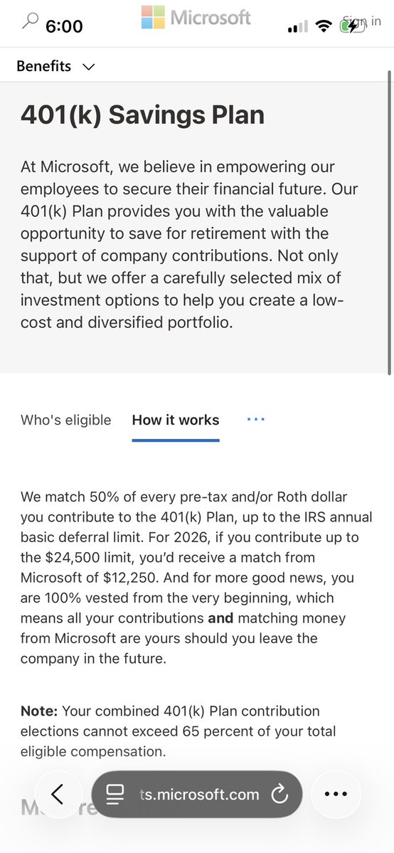 InvBankFishing's tweet photo. @BarbellFi Microsoft offers a 50% match up to the IRS contribution limit https://t.co/NsZv6dKAU5 https://t.co/45TbtS6n5i
